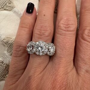 Elegant Silver Triple Stone Ring With Halo size 5.5